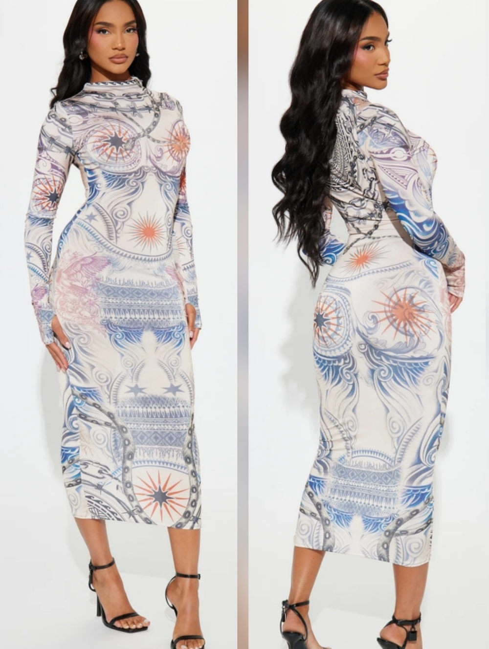 Abstract Print Long Sleeve Midi Dress